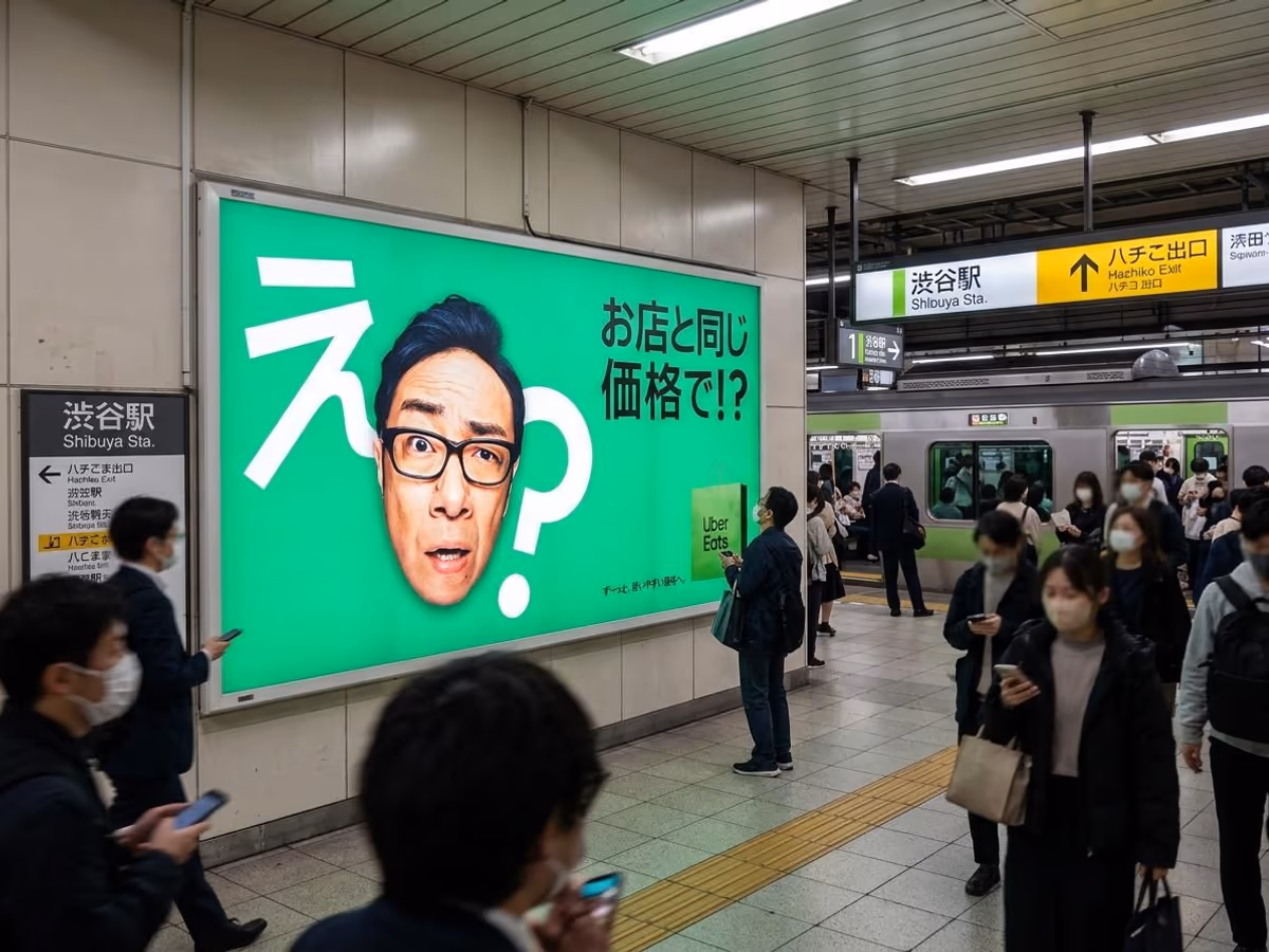 Uber Eats poster at Shibuya Station: お店と同じ価格で!?